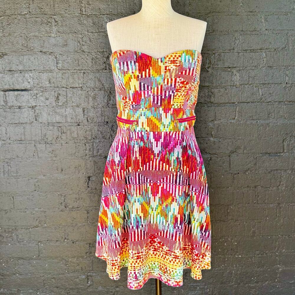 Guess Strapless Fit & Flare Dress Size 14 Multicolor Geometric Print Party Mini